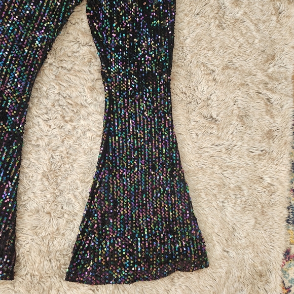 Free People‎ Sequin Festival Flares Stretchy Black Bell Bottoms Women's Large - Picture 4 of 11
